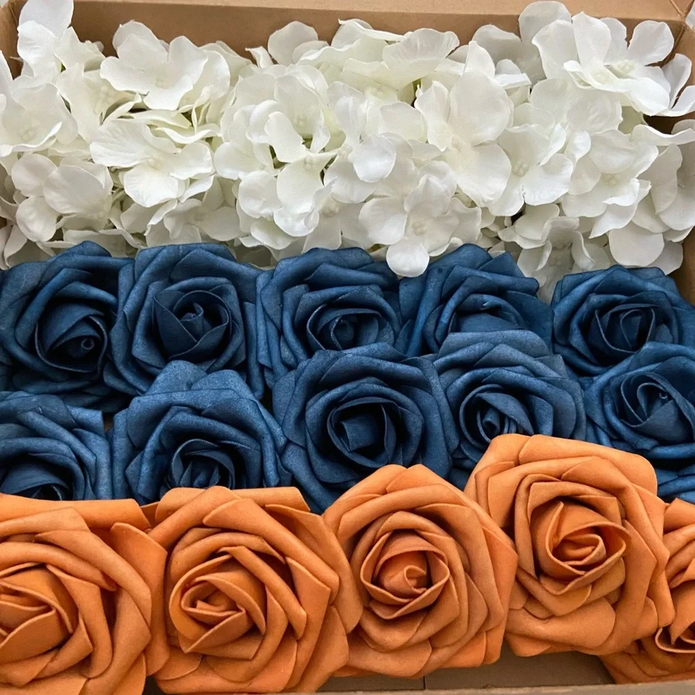 20 Count | Dusty Blue Burnt Orange Roses White Hydrangeas Bouquet Centerpieces
